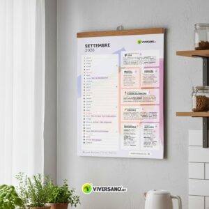 Calendario 2026 viversano in formato A3, stampato e appeso al muro della cucina
